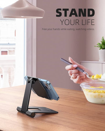 2025 Upgrade Super Stable Cell Phone Stand for Desk - Foldable Portable Aluminum Desktop Phone Holder Cradle Dock