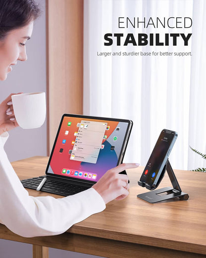 2025 Upgrade Super Stable Cell Phone Stand for Desk - Foldable Portable Aluminum Desktop Phone Holder Cradle Dock