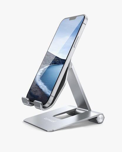 2025 Upgrade Super Stable Cell Phone Stand for Desk - Foldable Portable Aluminum Desktop Phone Holder Cradle Dock