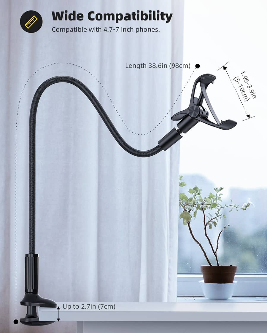 Gooseneck Phone Holder for Bed - Overall Length 38.6in, Flexible Leather Wrapped Arm, 360 Adjustable Clamp Clip