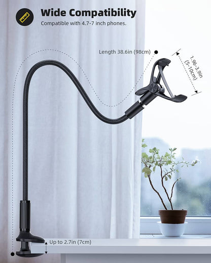 Gooseneck Phone Holder for Bed - Overall Length 38.6in, Flexible Leather Wrapped Arm, 360 Adjustable Clamp Clip