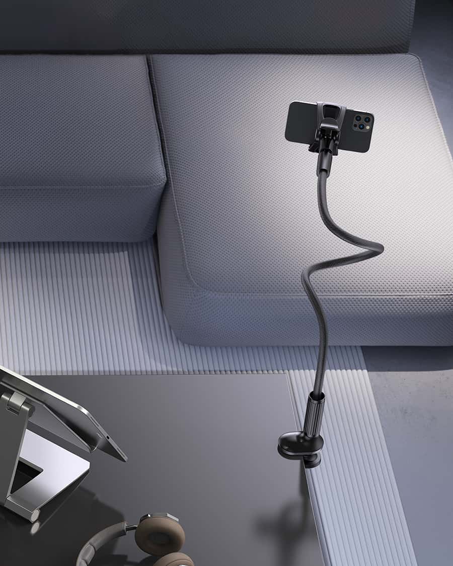 Gooseneck Phone Holder for Bed - Overall Length 38.6in, Flexible Leather Wrapped Arm, 360 Adjustable Clamp Clip