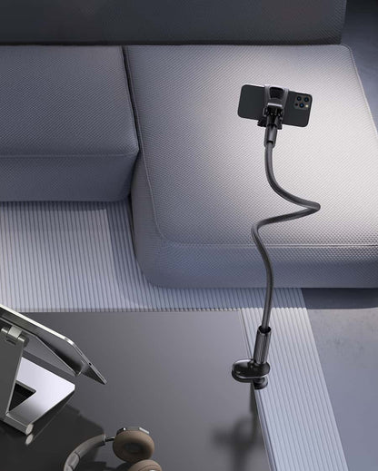 Gooseneck Phone Holder for Bed - Overall Length 38.6in, Flexible Leather Wrapped Arm, 360 Adjustable Clamp Clip