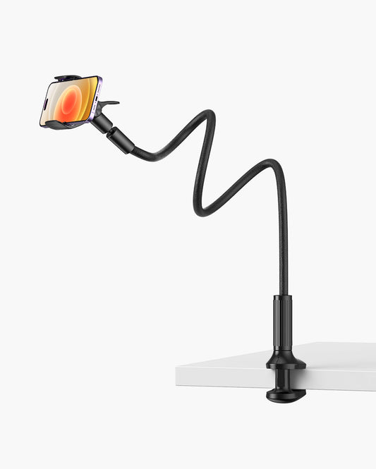 Gooseneck Phone Holder for Bed - Overall Length 38.6in, Flexible Leather Wrapped Arm, 360 Adjustable Clamp Clip
