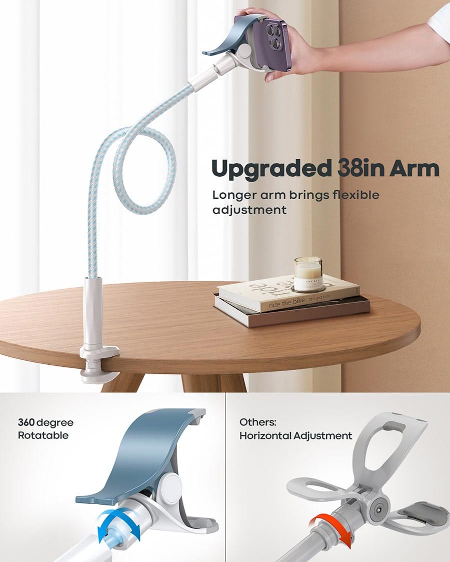Gooseneck Phone Holder Bed - Flexible Arm, Overall Length 38inch, 360 Adjustable Clamp Clip