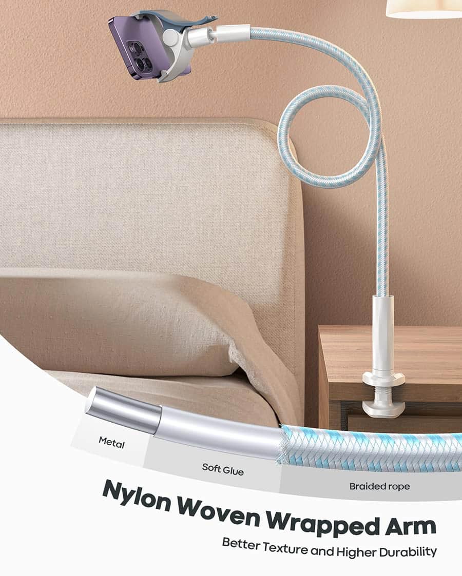 Gooseneck Phone Holder Bed - Flexible Arm, Overall Length 38inch, 360 Adjustable Clamp Clip