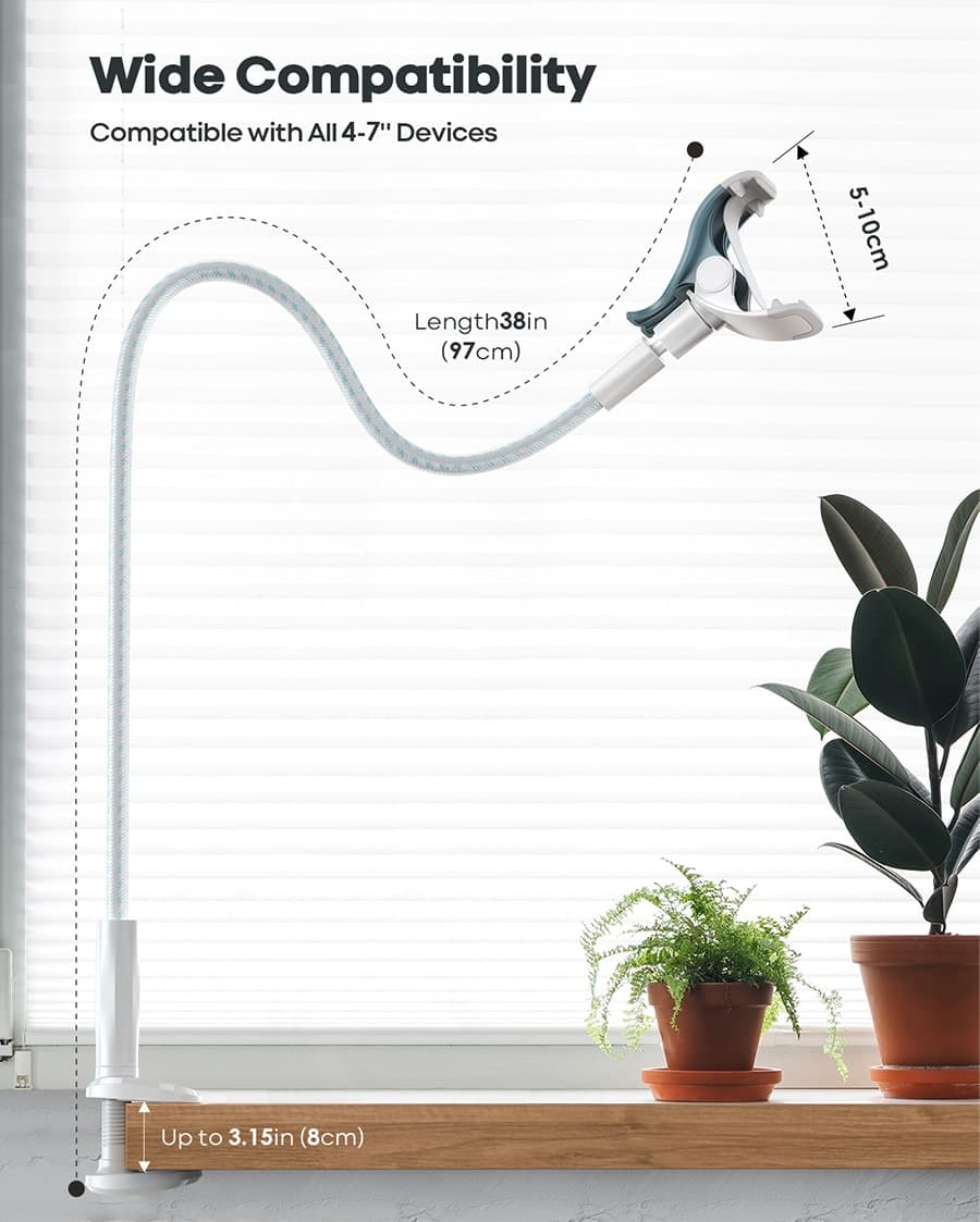 Gooseneck Phone Holder Bed - Flexible Arm, Overall Length 38inch, 360 Adjustable Clamp Clip