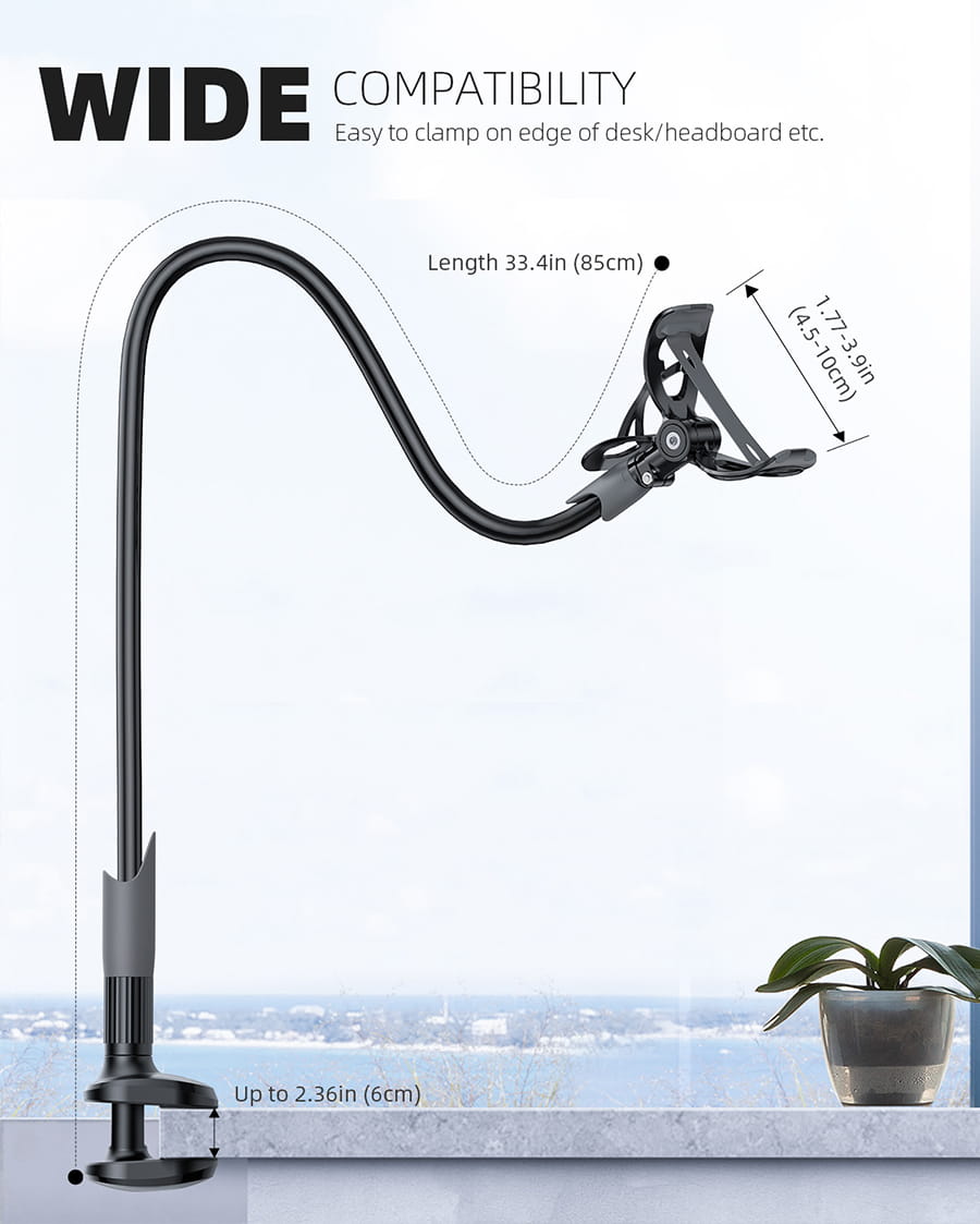 Holder Bed Gooseneck Mount - Cell Phone Clamp Clip for Desk with Grip Flexible Lazy Long Arm for Headboard Bedside